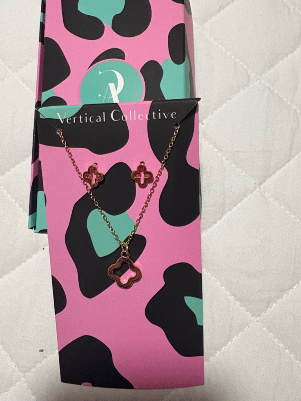 Vertical Collective Rose Gold Clover Necklace & Earrings Set - Pink Accents